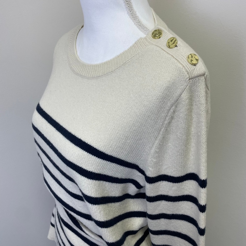J. Jill Womens Small Tall Striped Button Shoulder Crewneck Sweater Cream Navy - Picture 3 of 15